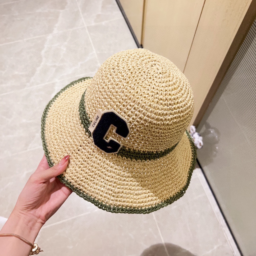 💛配防尘袋【CELINE赛琳】2025新款草编拼色折叠款渔夫帽草帽，度假款超好搭配，赶紧入手！