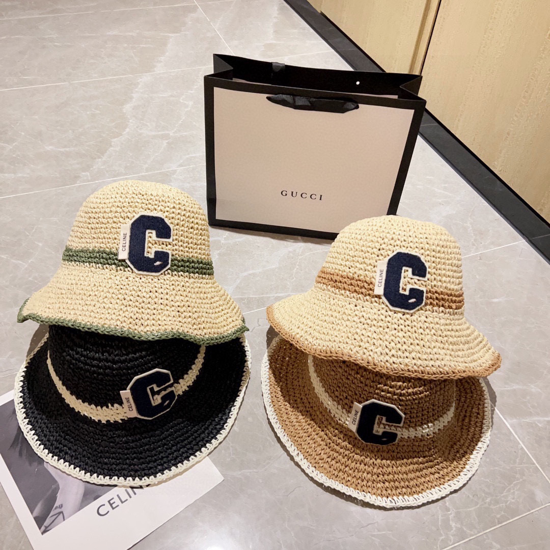 💛配防尘袋【CELINE赛琳】2025新款草编拼色折叠款渔夫帽草帽，度假款超好搭配，赶紧入手！