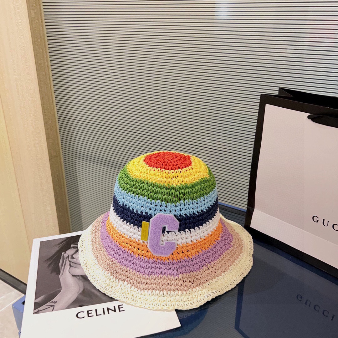 💛配防尘袋【Celine赛琳】2025新款彩虹拼色度假风草编渔夫帽草帽，出街必备超好搭配，赶紧入手！