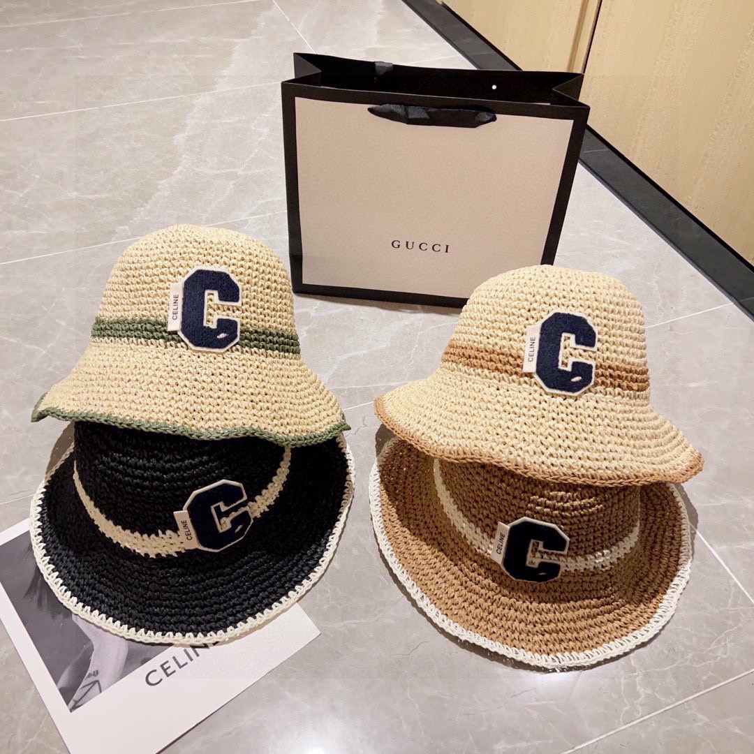 💛配防尘袋【CELINE赛琳】2025新款草编拼色折叠款渔夫帽草帽，度假款超好搭配，赶紧入手！