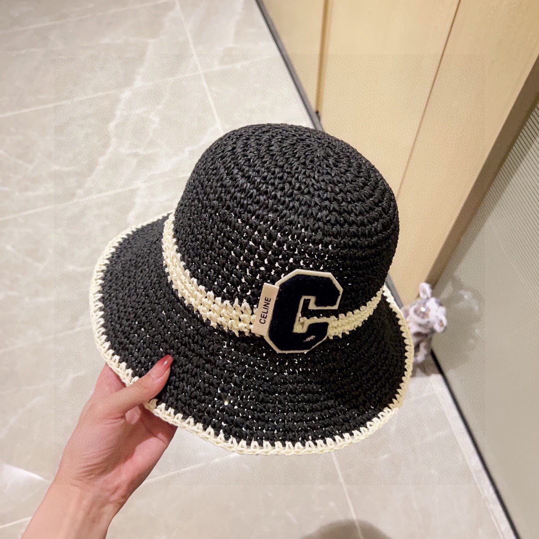 💛配防尘袋【CELINE赛琳】2025新款草编拼色折叠款渔夫帽草帽，度假款超好搭配，赶紧入手！