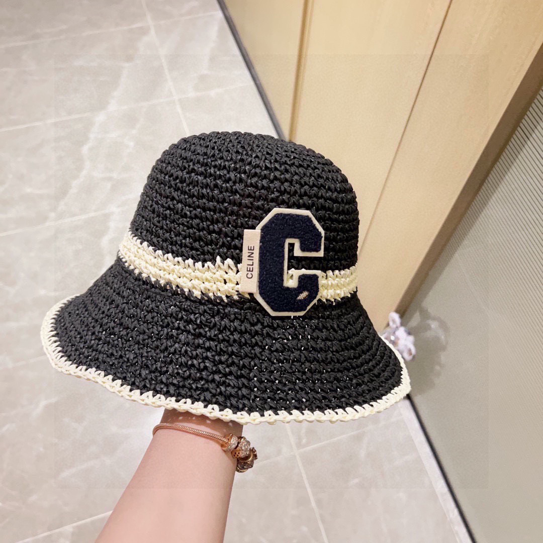 💛配防尘袋【CELINE赛琳】2025新款草编拼色折叠款渔夫帽草帽，度假款超好搭配，赶紧入手！