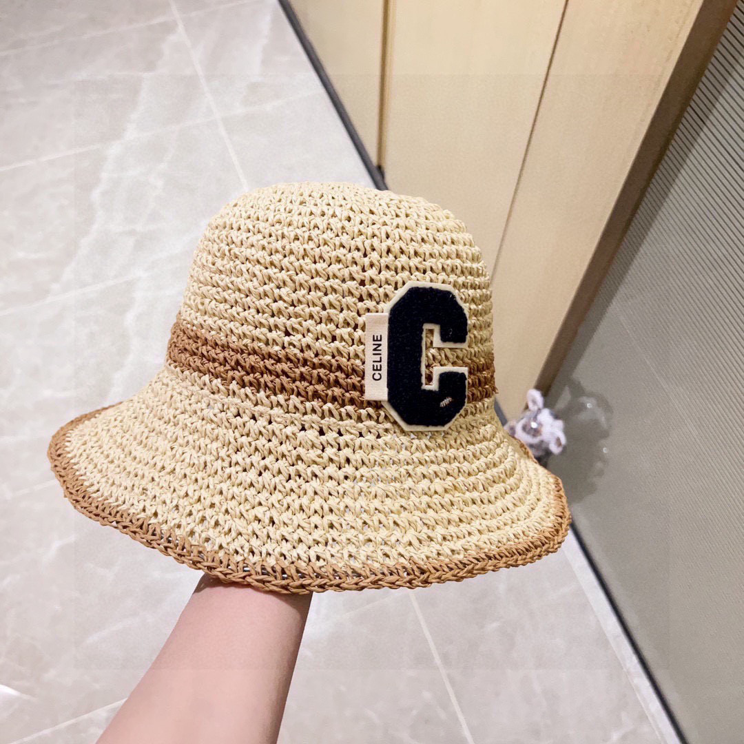 💛配防尘袋【CELINE赛琳】2025新款草编拼色折叠款渔夫帽草帽，度假款超好搭配，赶紧入手！
