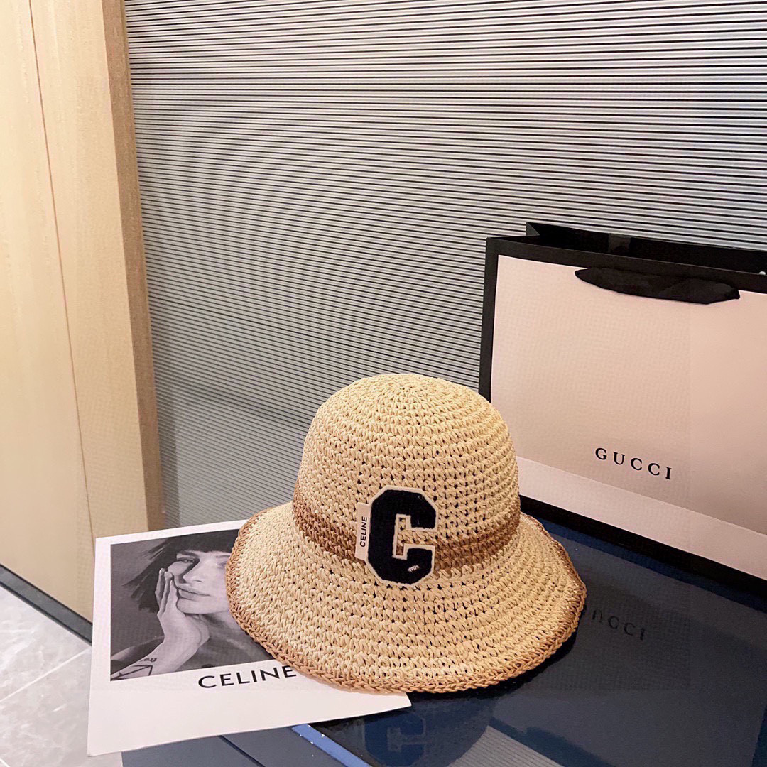 💛配防尘袋【CELINE赛琳】2025新款草编拼色折叠款渔夫帽草帽，度假款超好搭配，赶紧入手！