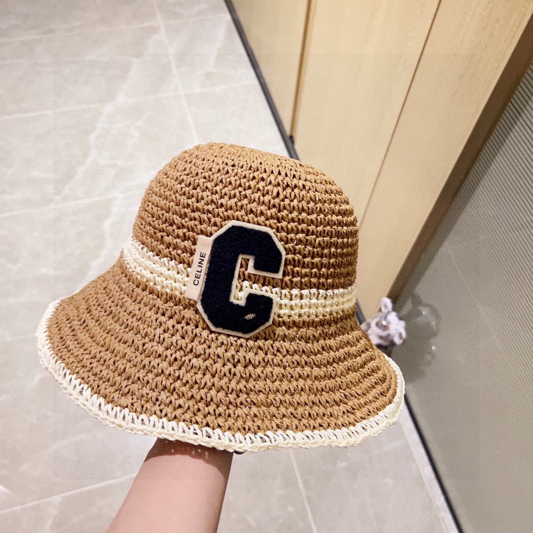 💛配防尘袋【CELINE赛琳】2025新款草编拼色折叠款渔夫帽草帽，度假款超好搭配，赶紧入手！