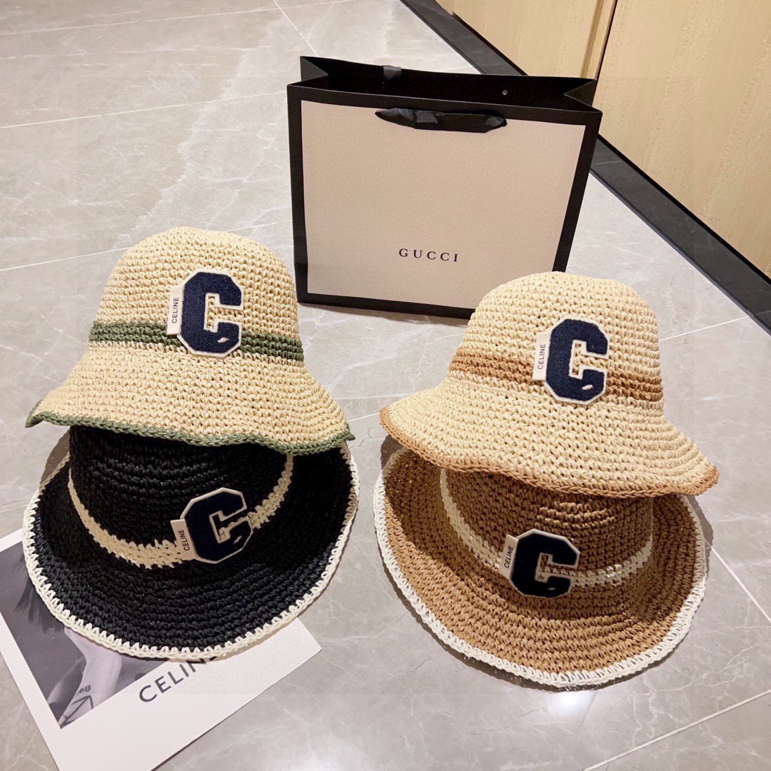 💛配防尘袋【CELINE赛琳】2025新款草编拼色折叠款渔夫帽草帽，度假款超好搭配，赶紧入手！