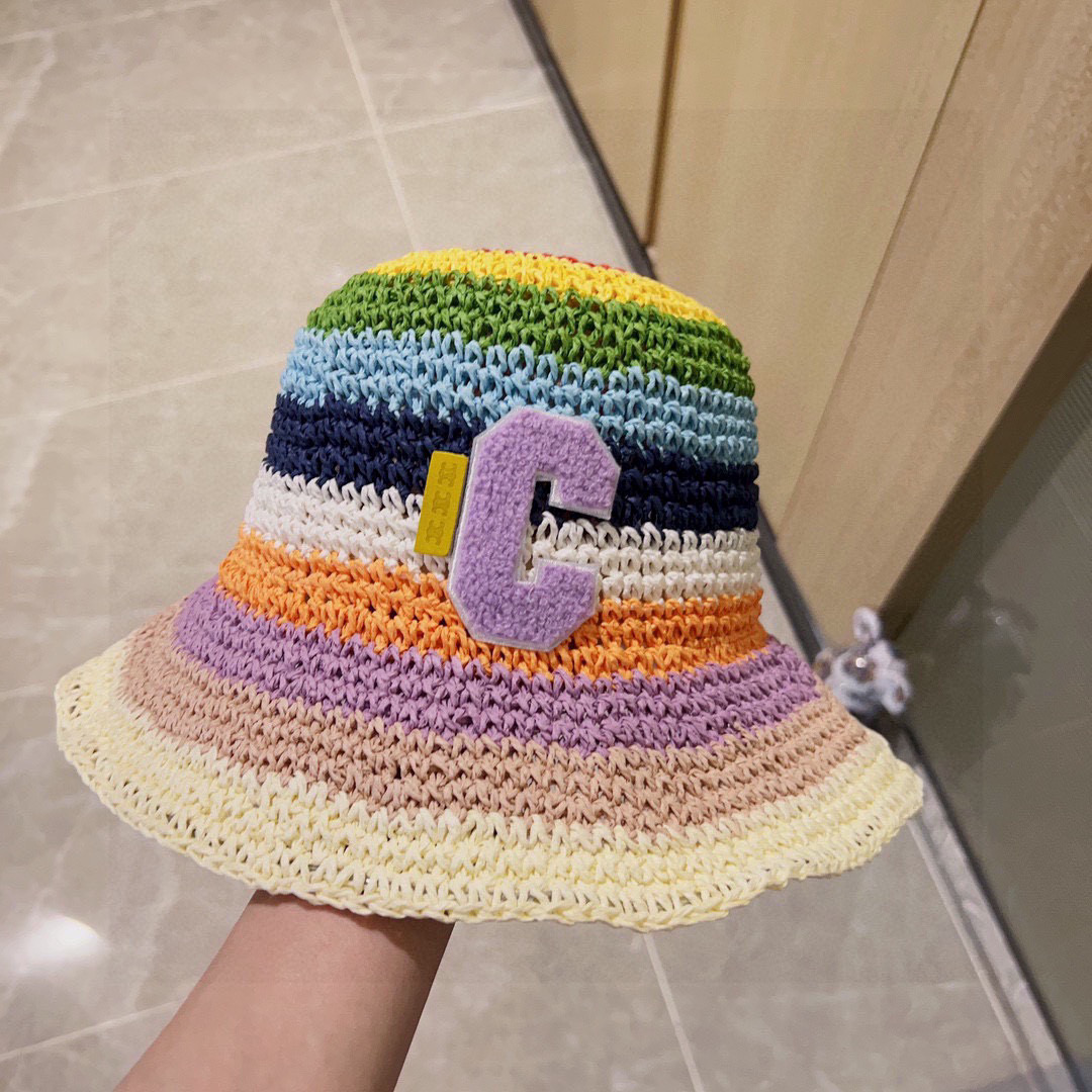 Celine Rainbow Straw Bucket Hat, Designer Beach Sun Hat with Dust Bag