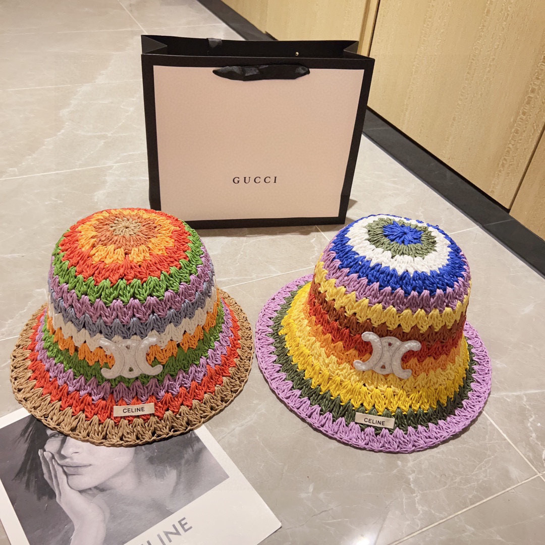 💛配防尘袋【CELINE赛琳】2025新款泫雅风彩虹编织桶帽渔夫帽，度假款超好搭配，赶紧入手！