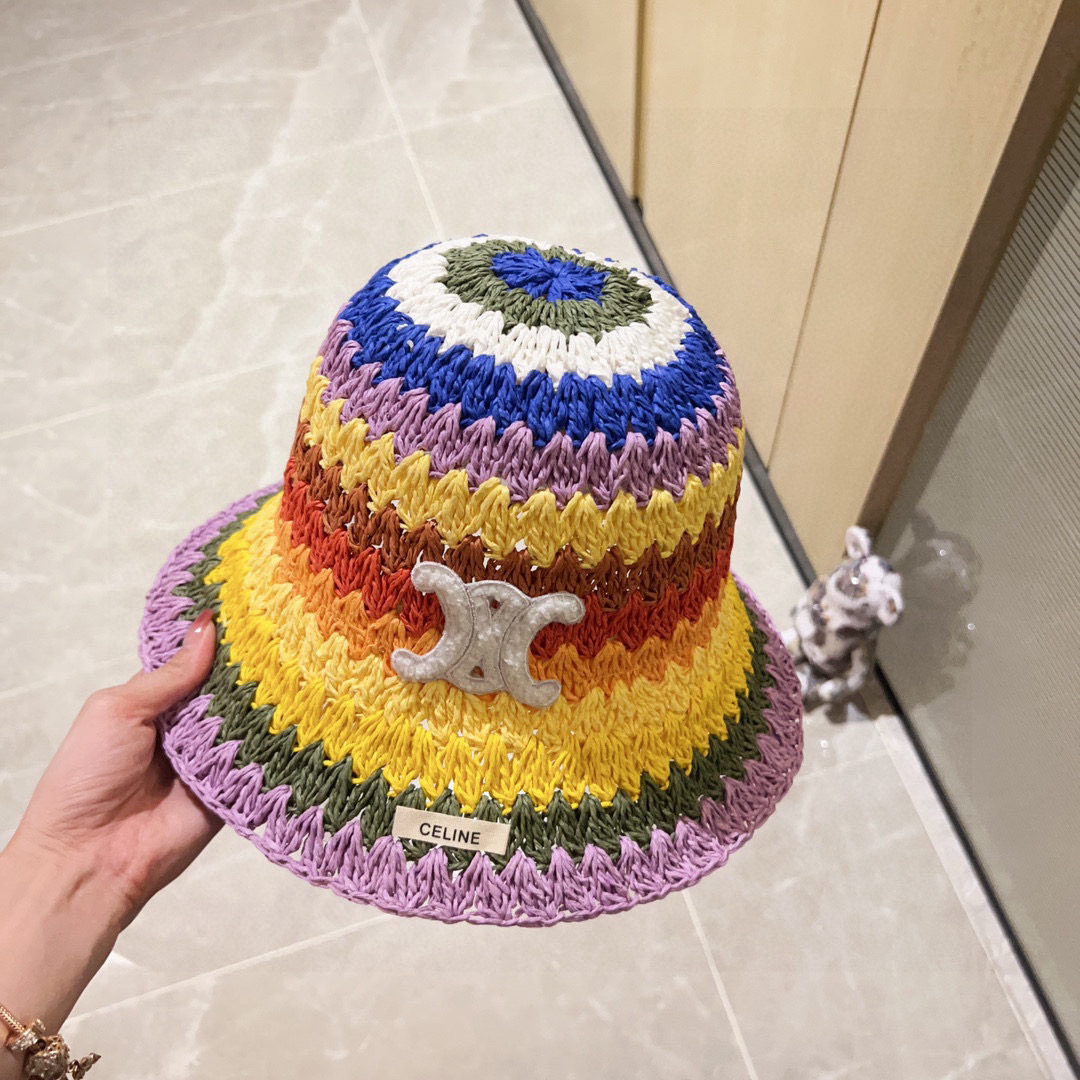 💛配防尘袋【CELINE赛琳】2025新款泫雅风彩虹编织桶帽渔夫帽，度假款超好搭配，赶紧入手！