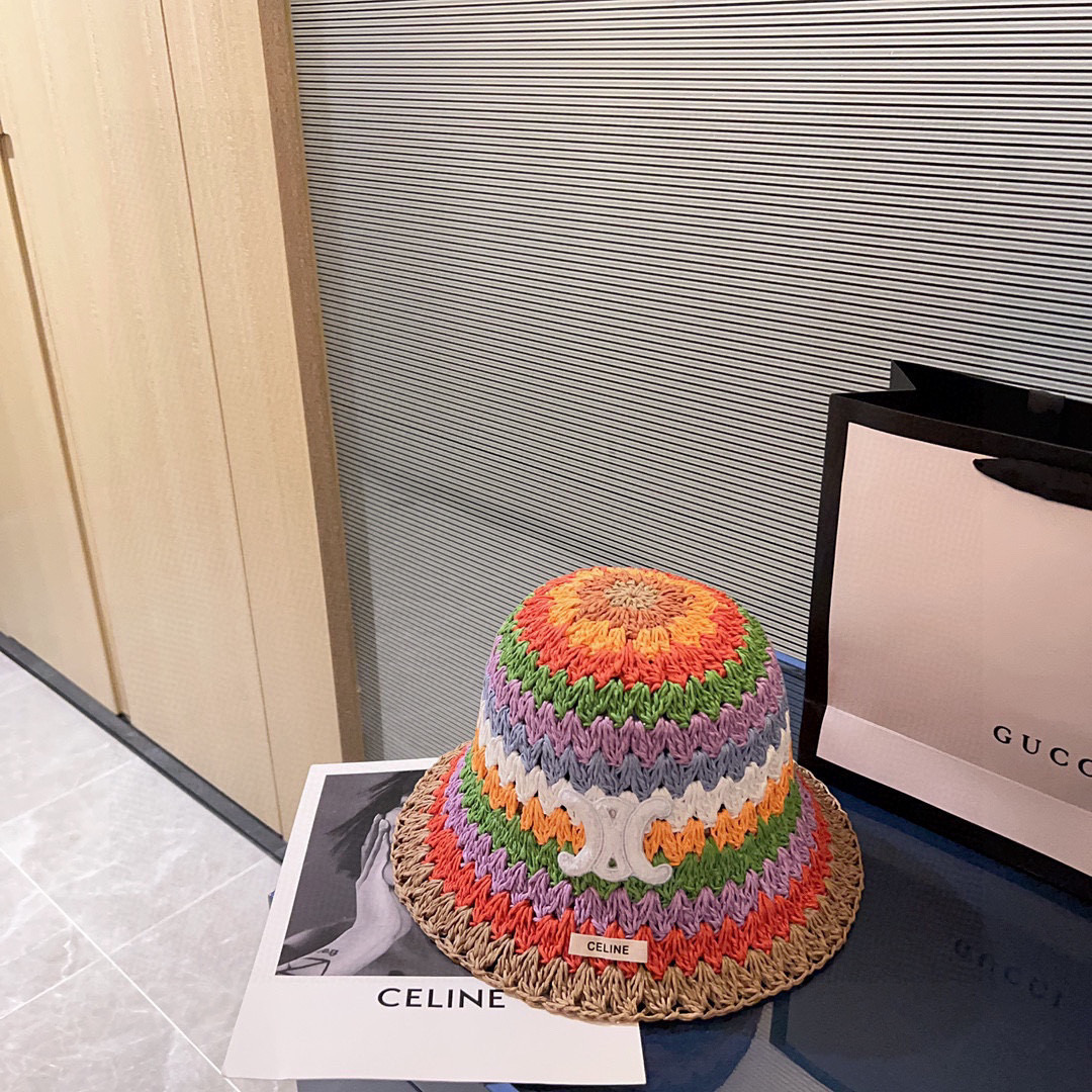 💛配防尘袋【CELINE赛琳】2025新款泫雅风彩虹编织桶帽渔夫帽，度假款超好搭配，赶紧入手！
