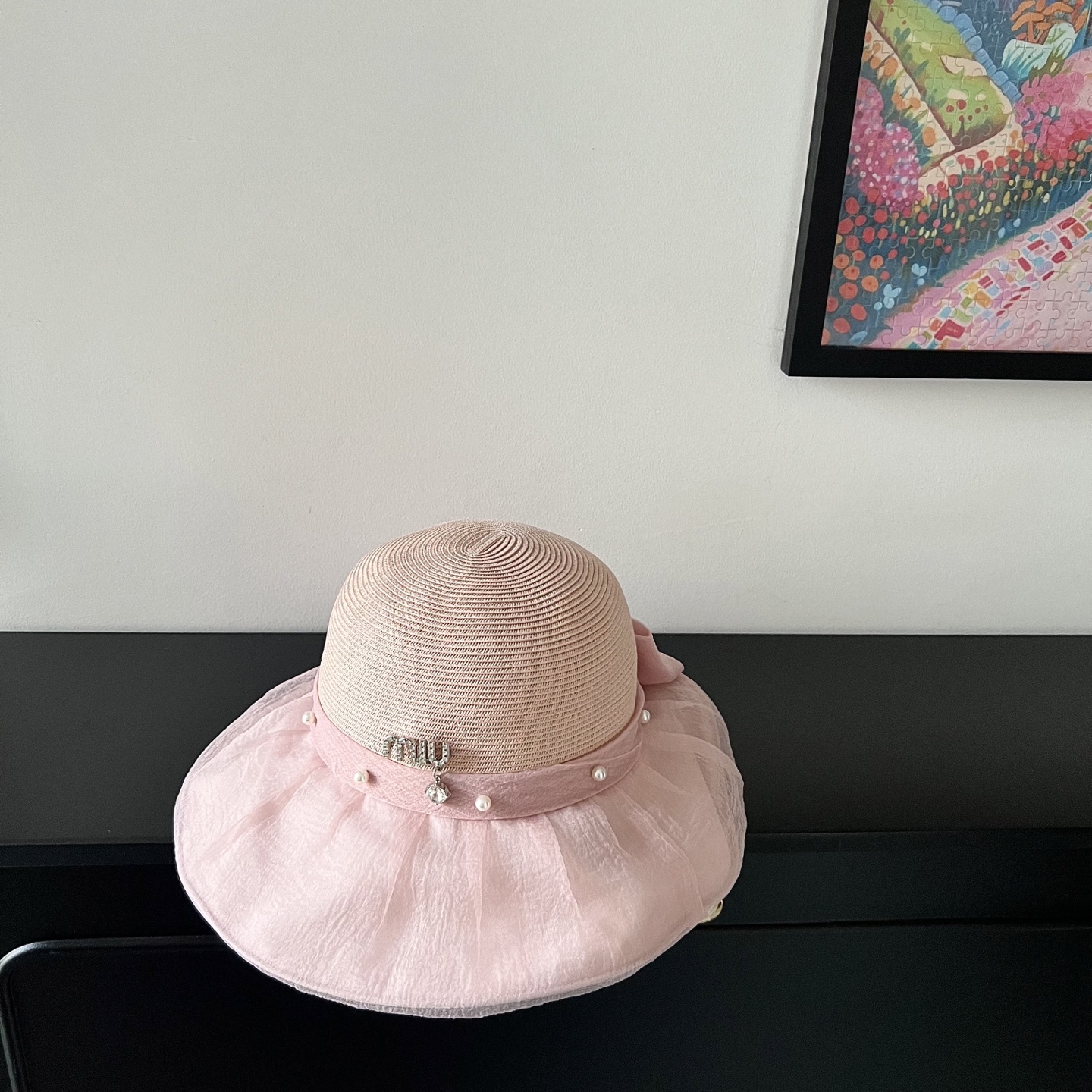 💛配防尘袋【MIUMIU缪缪】2025新款欧根纱款珍珠重工渔夫帽独特设计～日系简约的一款