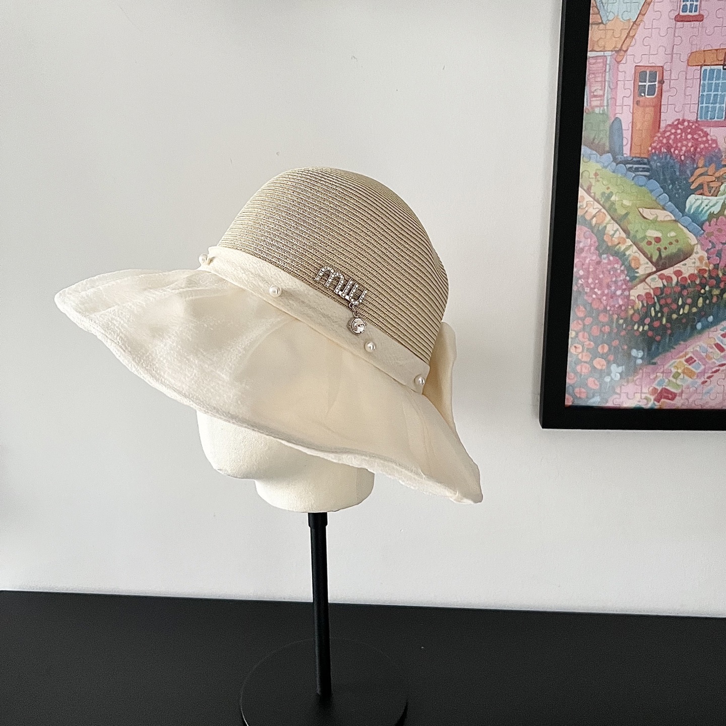 💛配防尘袋【MIUMIU缪缪】2025新款欧根纱款珍珠重工渔夫帽独特设计～日系简约的一款