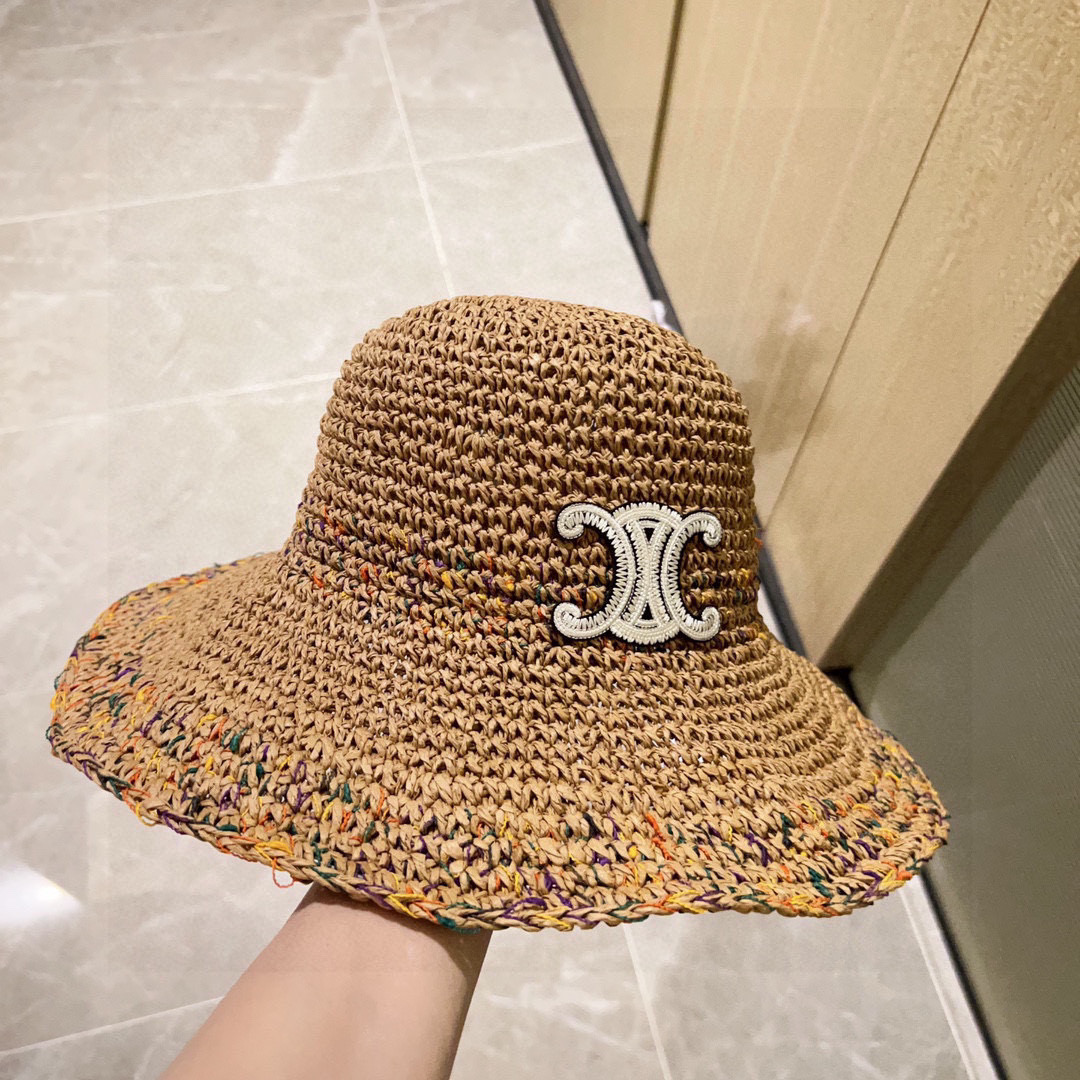 💛配防尘袋. 【CELINE赛琳】2026新款度假风凯旋门渔夫帽草帽，可折叠遮阳又好搭配，出街旅行单品
