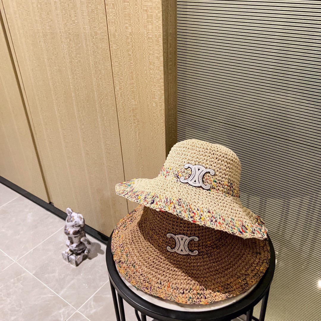 💛配防尘袋. 【CELINE赛琳】2026新款度假风凯旋门渔夫帽草帽，可折叠遮阳又好搭配，出街旅行单品