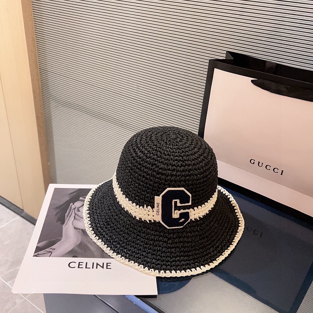 💛配防尘袋【CELINE赛琳】2026新款草编拼色折叠款渔夫帽草帽，度假款超好搭配，赶紧入手！