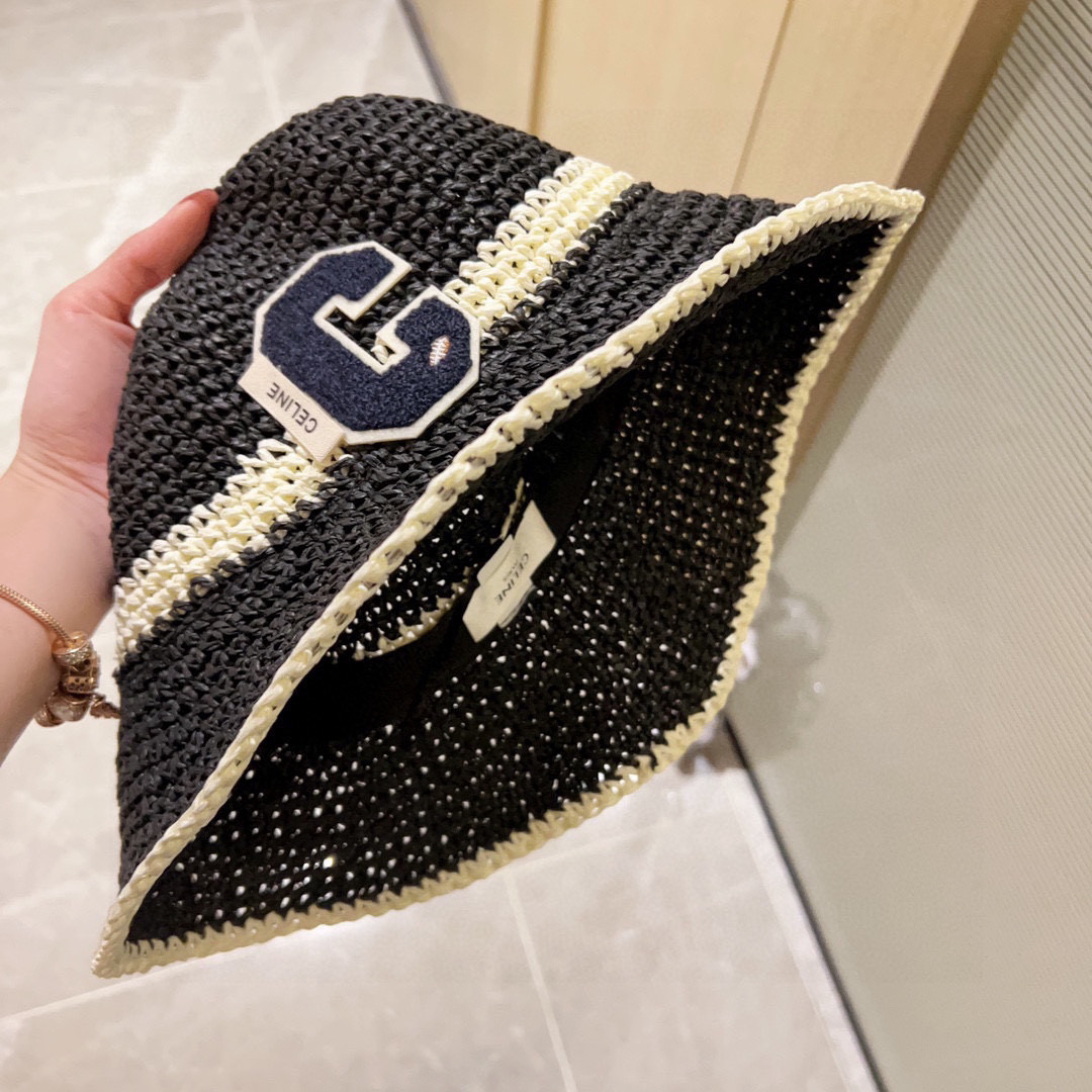 💛配防尘袋【CELINE赛琳】2026新款草编拼色折叠款渔夫帽草帽，度假款超好搭配，赶紧入手！