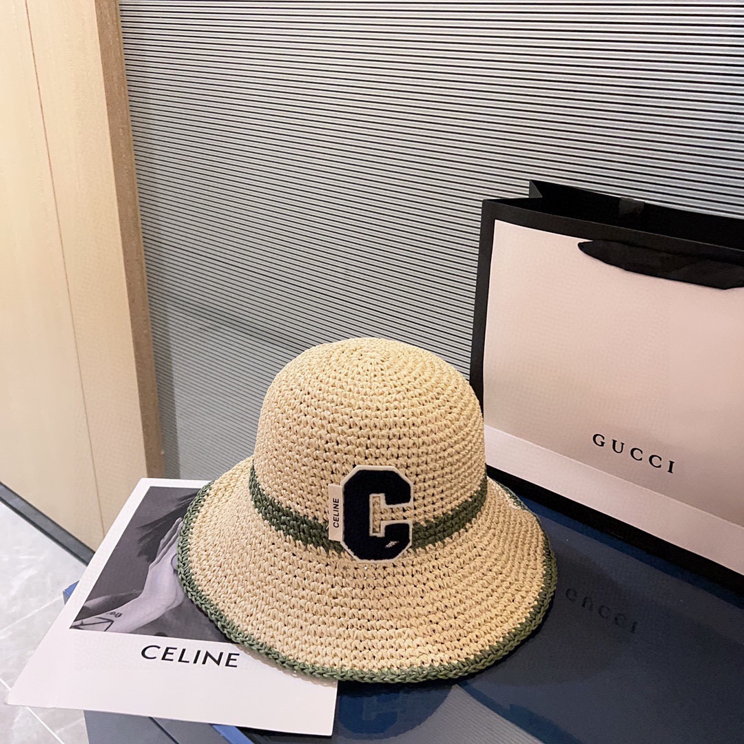 💛配防尘袋【CELINE赛琳】2026新款草编拼色折叠款渔夫帽草帽，度假款超好搭配，赶紧入手！