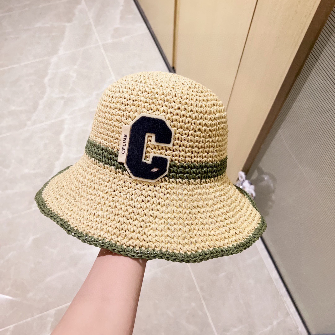 💛配防尘袋【CELINE赛琳】2026新款草编拼色折叠款渔夫帽草帽，度假款超好搭配，赶紧入手！