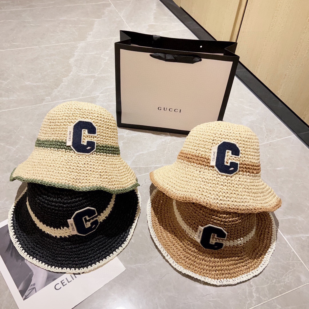 💛配防尘袋【CELINE赛琳】2026新款草编拼色折叠款渔夫帽草帽，度假款超好搭配，赶紧入手！