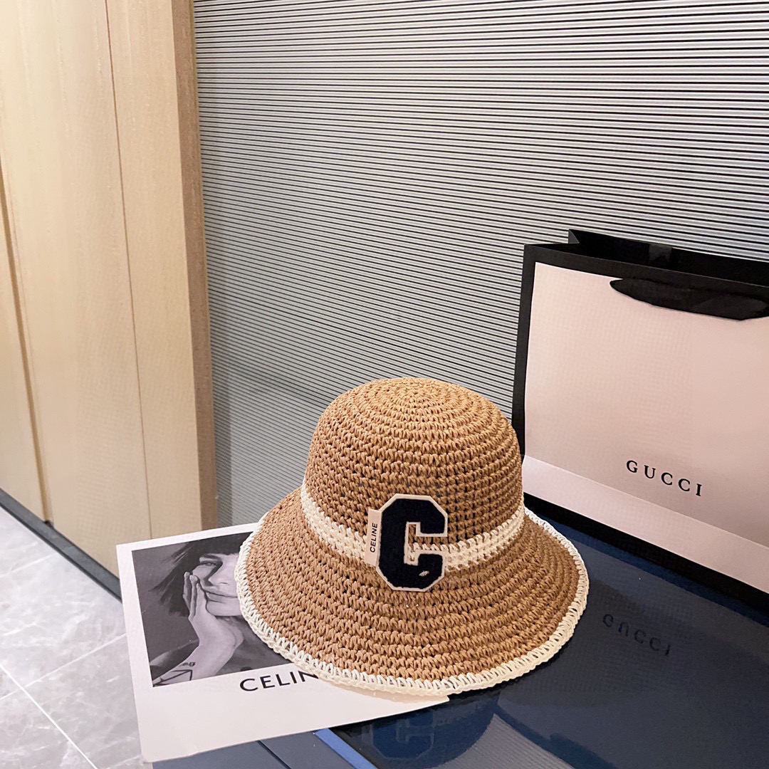 💛配防尘袋【CELINE赛琳】2026新款草编拼色折叠款渔夫帽草帽，度假款超好搭配，赶紧入手！
