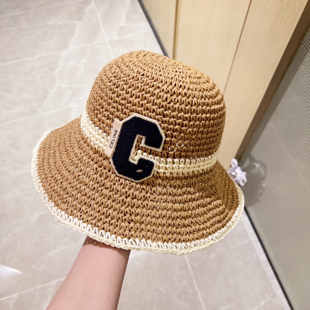 💛配防尘袋【CELINE赛琳】2026新款草编拼色折叠款渔夫帽草帽，度假款超好搭配，赶紧入手！