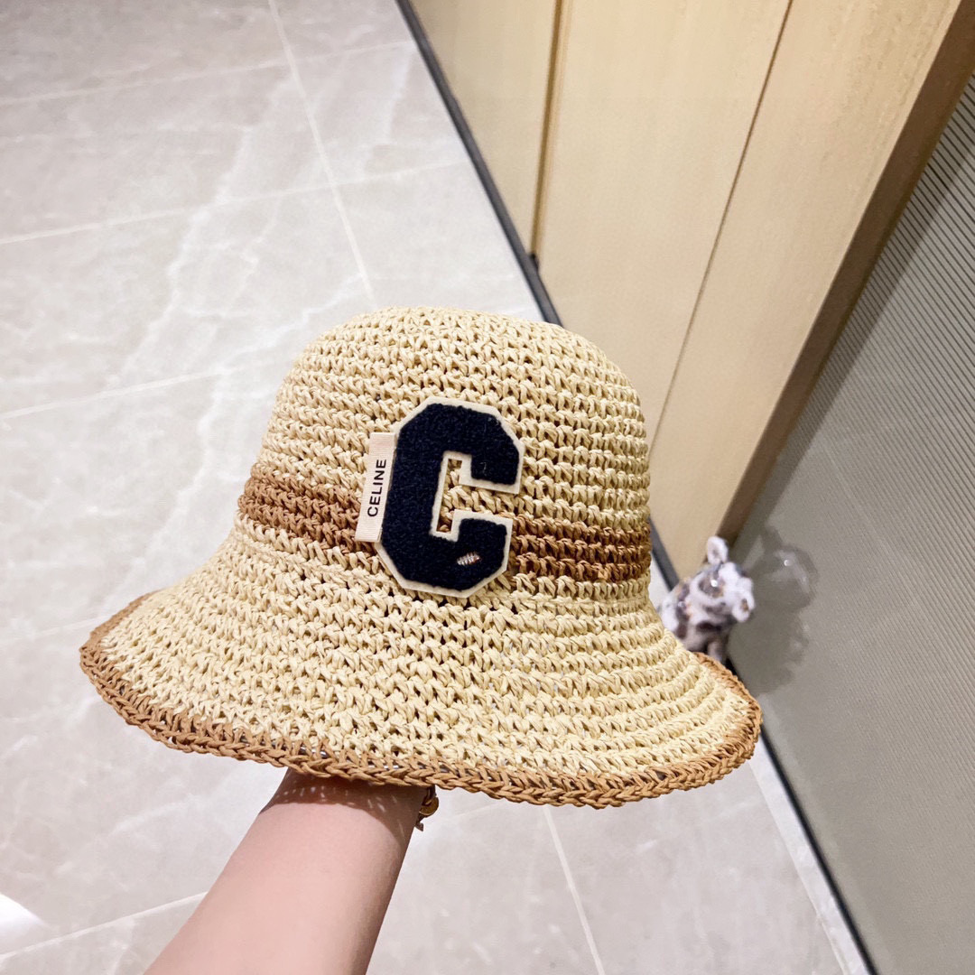 💛配防尘袋【CELINE赛琳】2026新款草编拼色折叠款渔夫帽草帽，度假款超好搭配，赶紧入手！