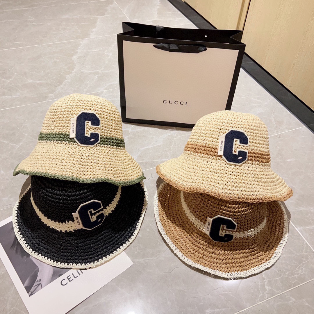 💛配防尘袋【CELINE赛琳】2026新款草编拼色折叠款渔夫帽草帽，度假款超好搭配，赶紧入手！