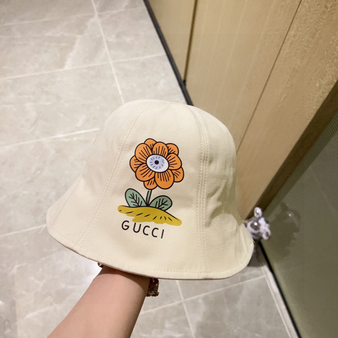 💛配防尘袋. 【Gucci古驰】2026春夏新款圆顶小花爆款渔夫帽，小桶帽超好搭配，出街度假首选