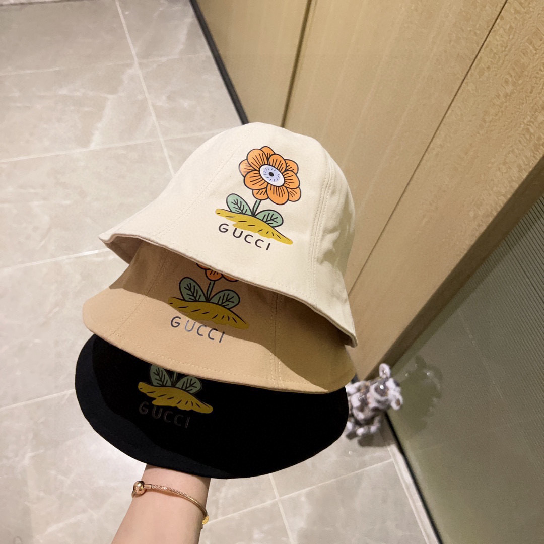 💛配防尘袋. 【Gucci古驰】2026春夏新款圆顶小花爆款渔夫帽，小桶帽超好搭配，出街度假首选