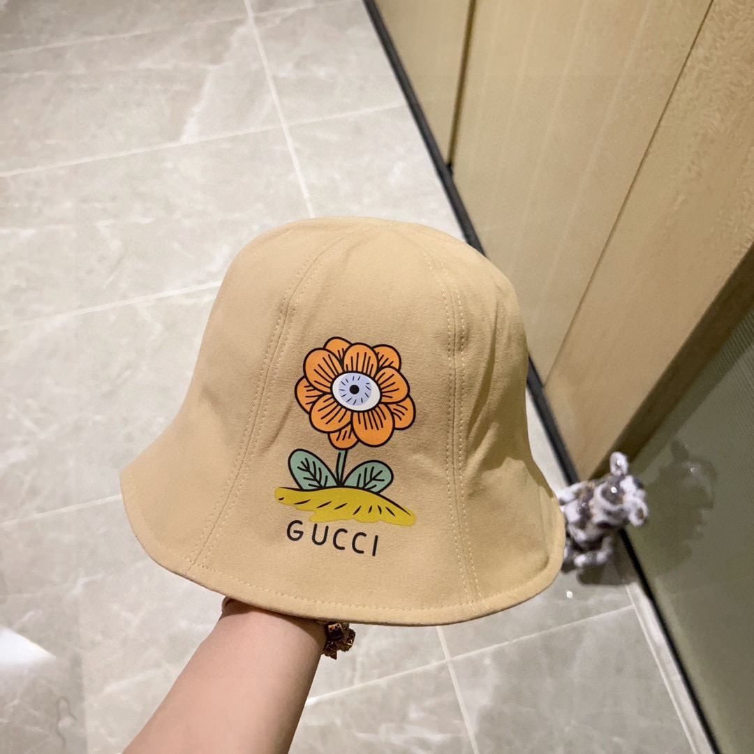 💛配防尘袋. 【Gucci古驰】2026春夏新款圆顶小花爆款渔夫帽，小桶帽超好搭配，出街度假首选