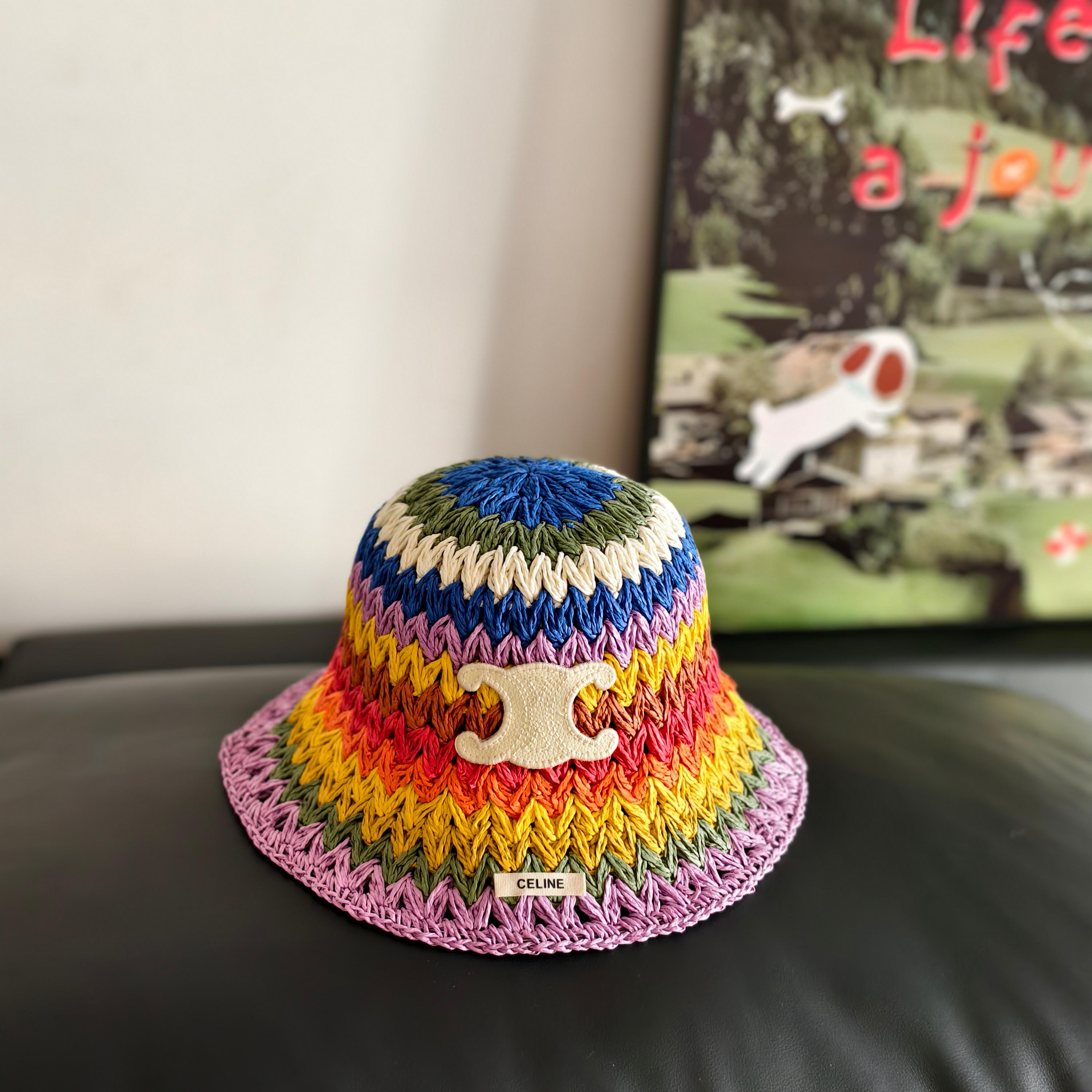 💛配防尘袋【CELINE赛琳】2026春夏新款草编彩虹日常简约款渔夫帽，独特设计～复古文艺的一款