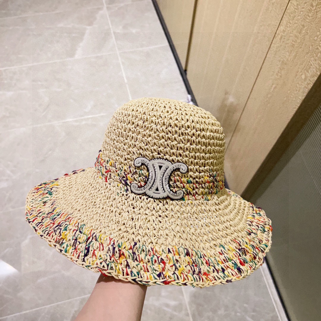 💛配防尘袋. 【CELINE赛琳】2026新款度假风凯旋门渔夫帽草帽，可折叠遮阳又好搭配，出街旅行单品