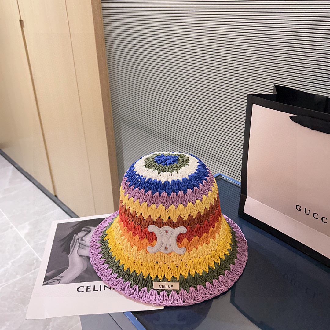 💛配防尘袋【CELINE赛琳】2026新款泫雅风彩虹编织桶帽渔夫帽，度假款超好搭配，赶紧入手！