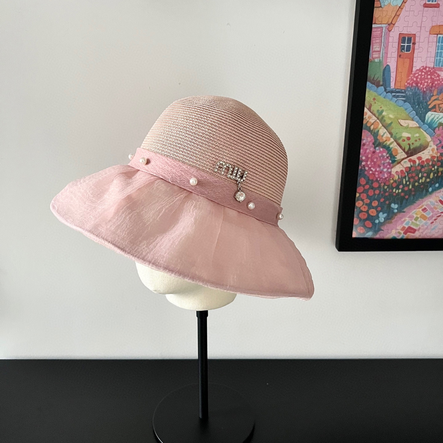 💛配防尘袋【MIUMIU缪缪】2026新款欧根纱款珍珠重工渔夫帽独特设计～日系简约的一款