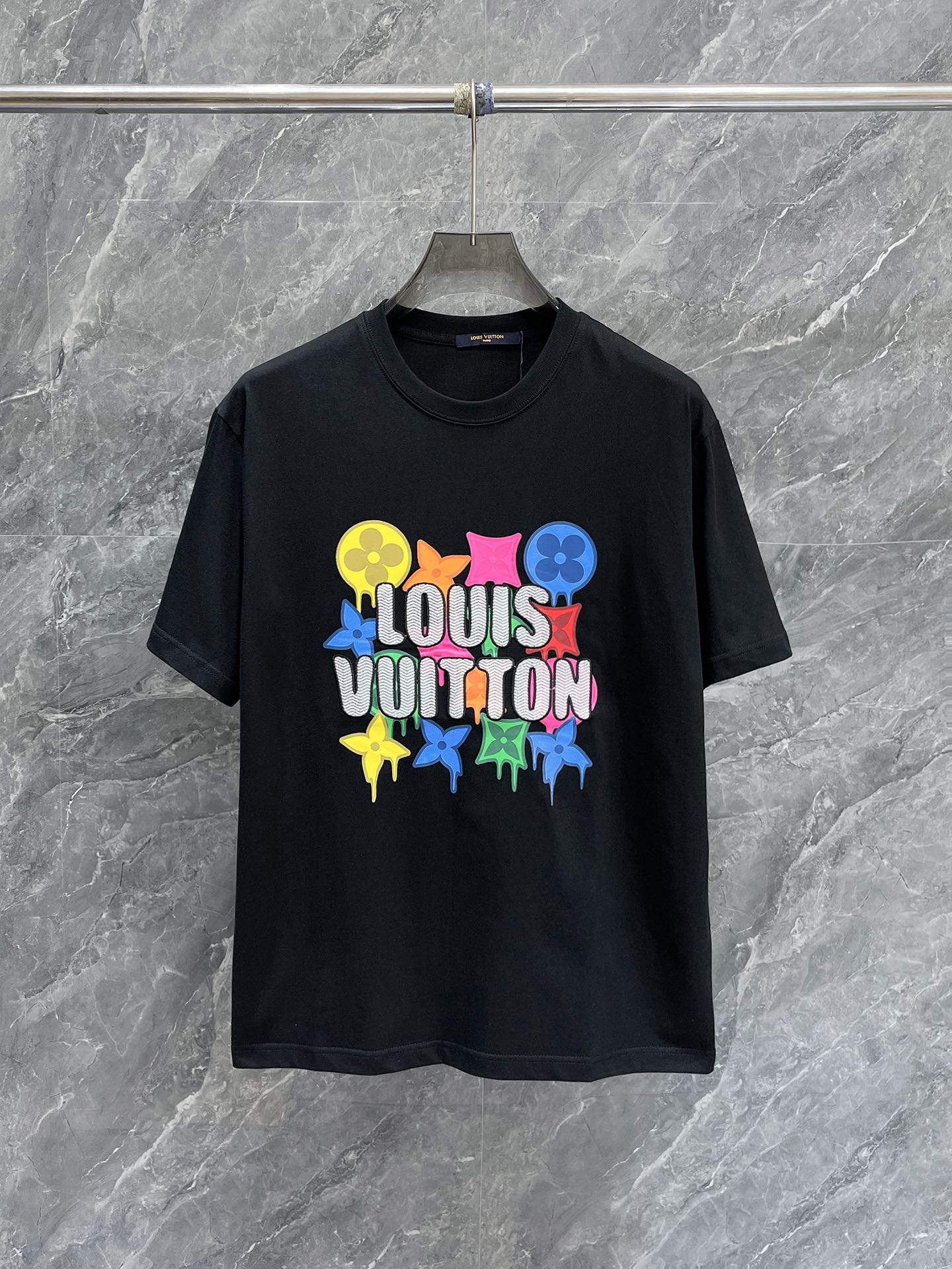 Louis Vuitton Clothing T-Shirt Black White Embroidery Cotton Fashion Short Sleeve