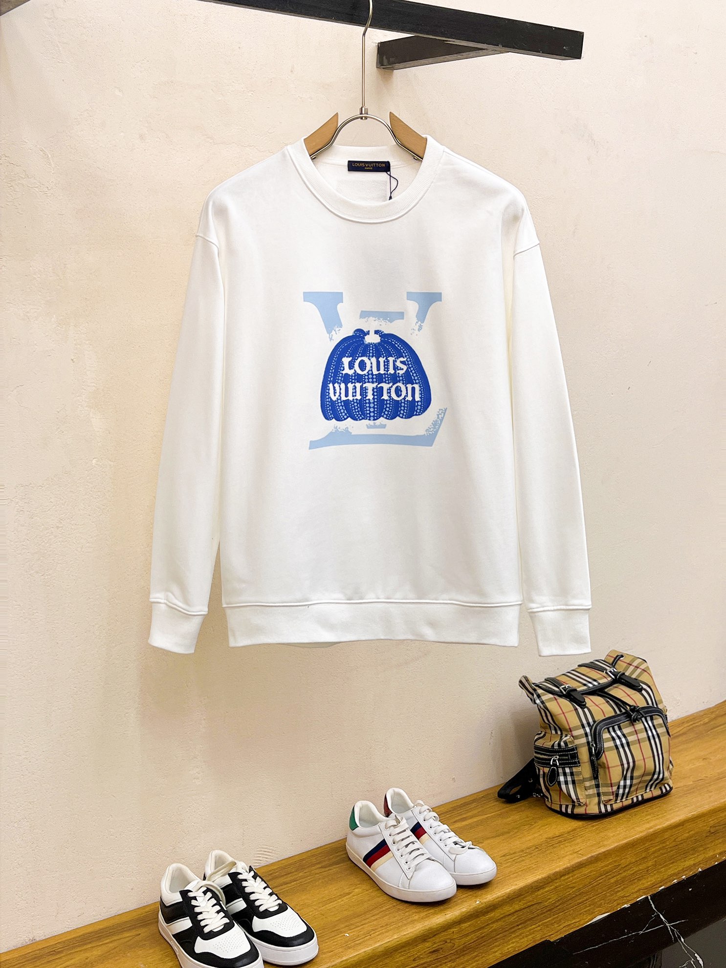 Louis Vuitton Men's White Cotton Sweatshirt with Blue Logo Print
