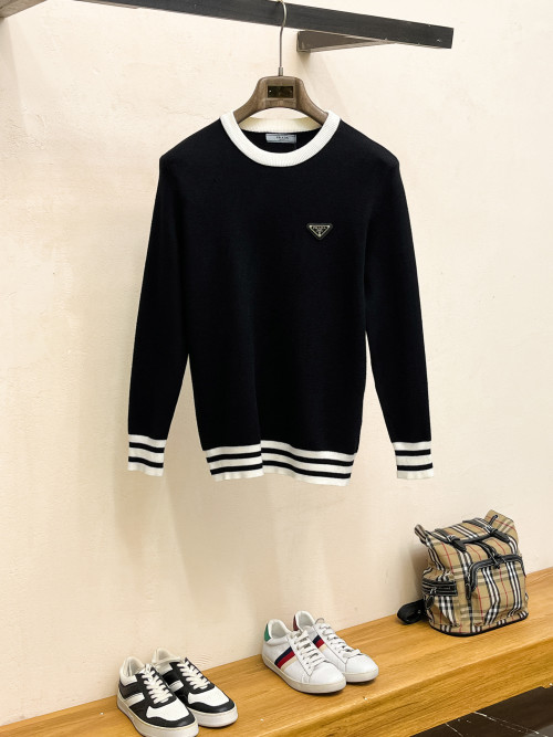 Prada Wool Sweater with Striped Trim and Metal Logo - Slim Fit 1 Prada Wool Sweater with Striped Trim and Metal Logo - Slim Fit