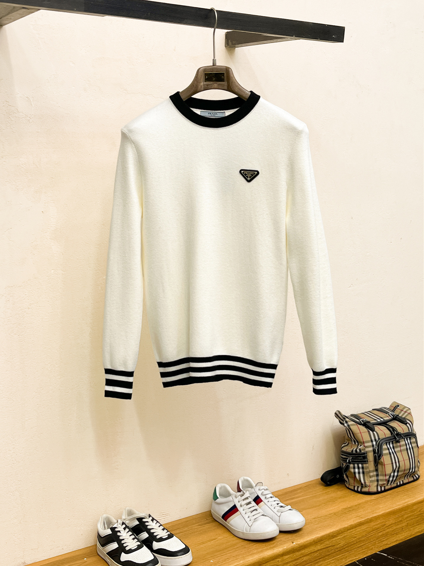 Prada Wool Sweater with Striped Trim - Classic Fit, Designer Knitwear