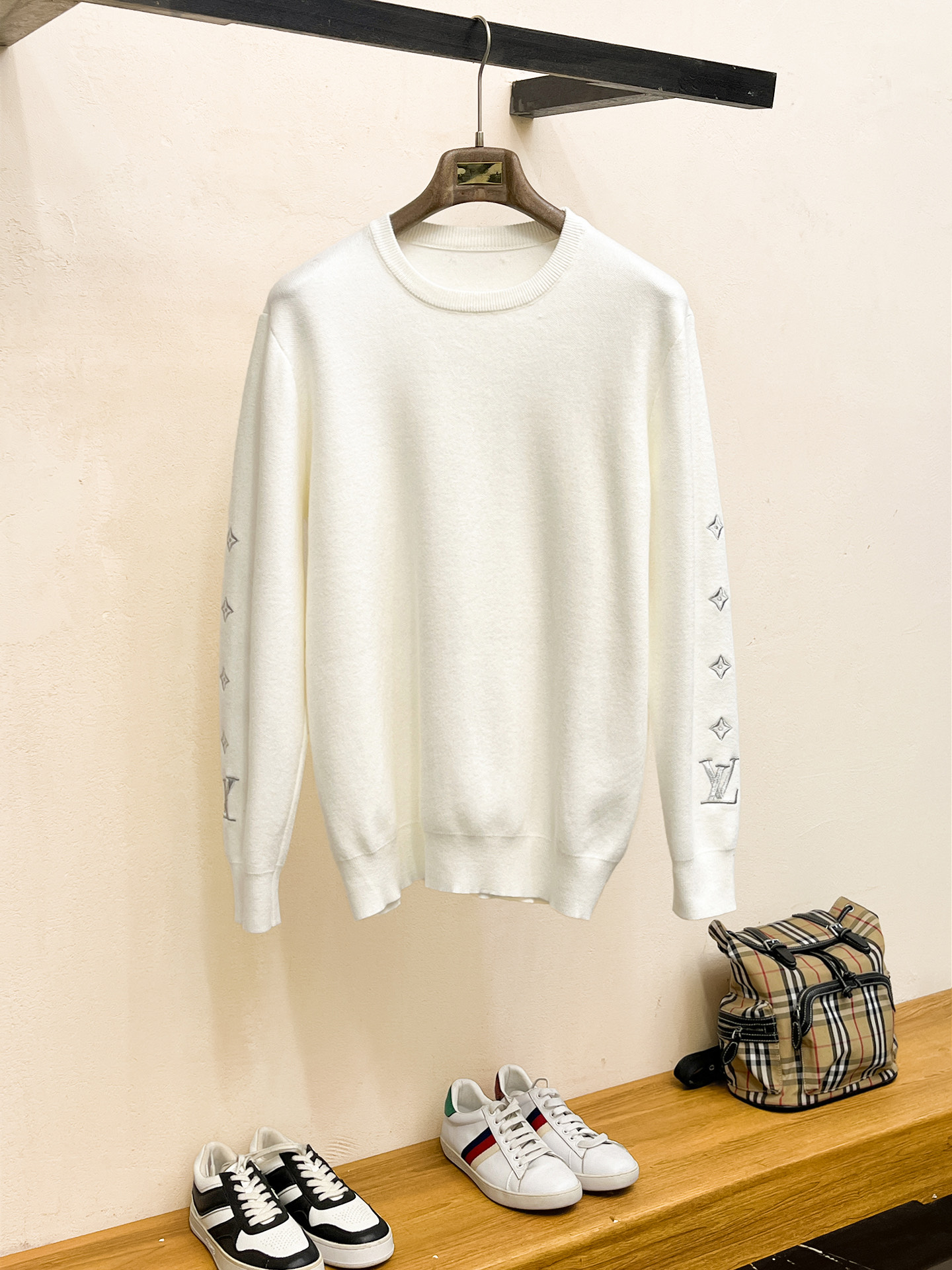 Louis Vuitton White Crewneck Sweater with Monogram Sleeves (M-3XL)