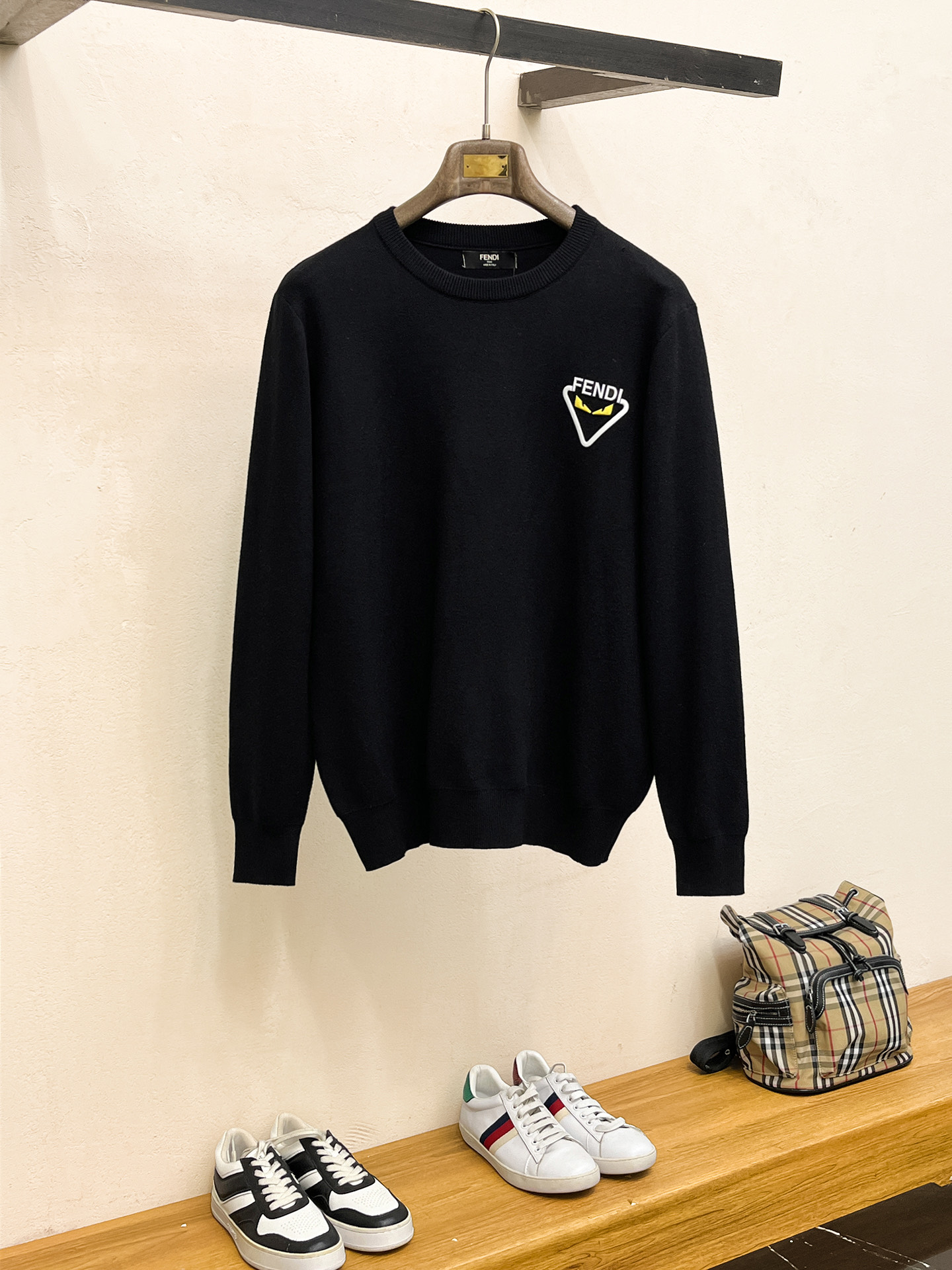 Fendi Wool Blend Knit Sweater with Logo Patch - Ribbed Crew Neck