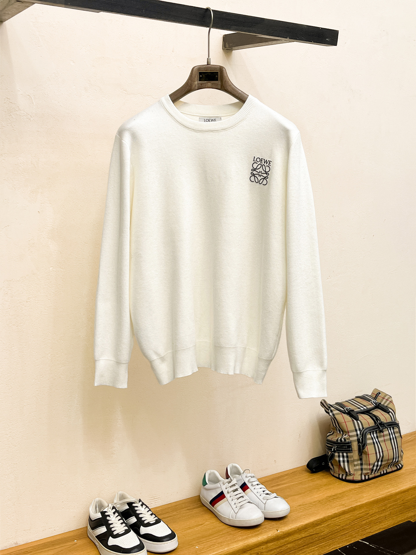 Loewe Wool Blend Knit Sweater - Ribbed Crewneck, Long Sleeve, Logo Patch