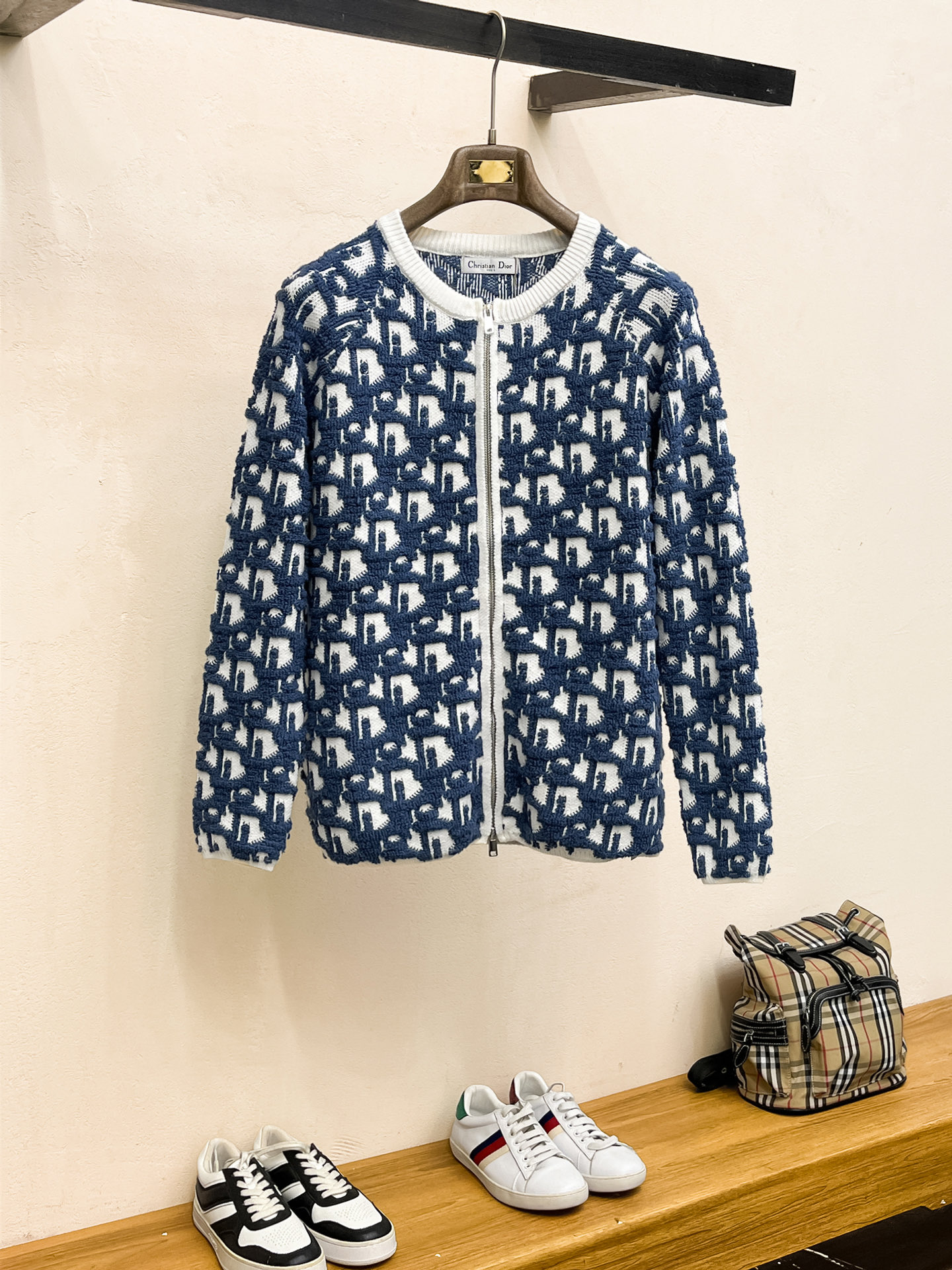 Dior 25SS Jacquard Zip-Up Cardigan - Wool Blend, Blue and White Pattern