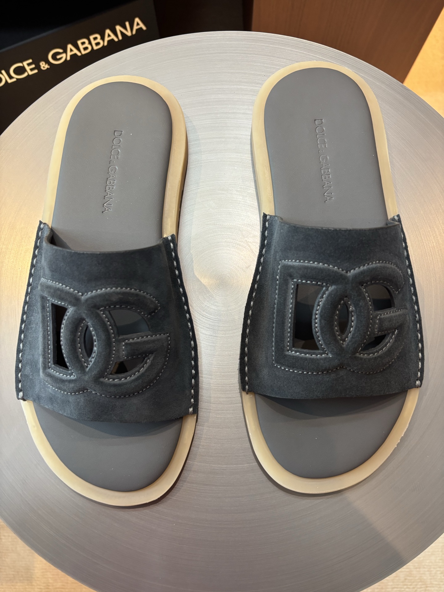 Dolce & Gabbana Men's Leather Logo Slides Sandals, Gray 2 i1746986110794 2185 0 0