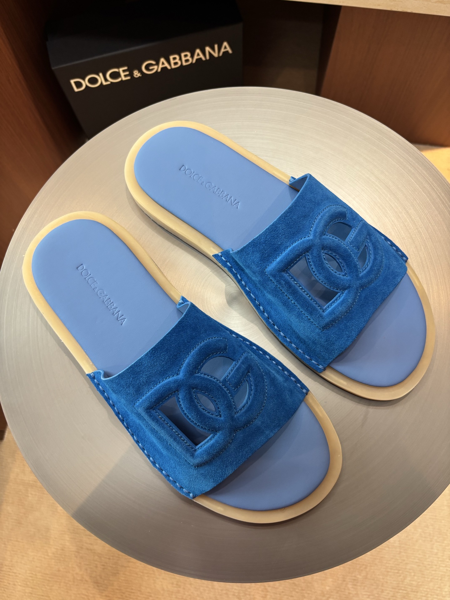 Dolce & Gabbana Men's Leather Logo Embossed Sandals Slides - Blue 4 i1746986274707 5873 0 2