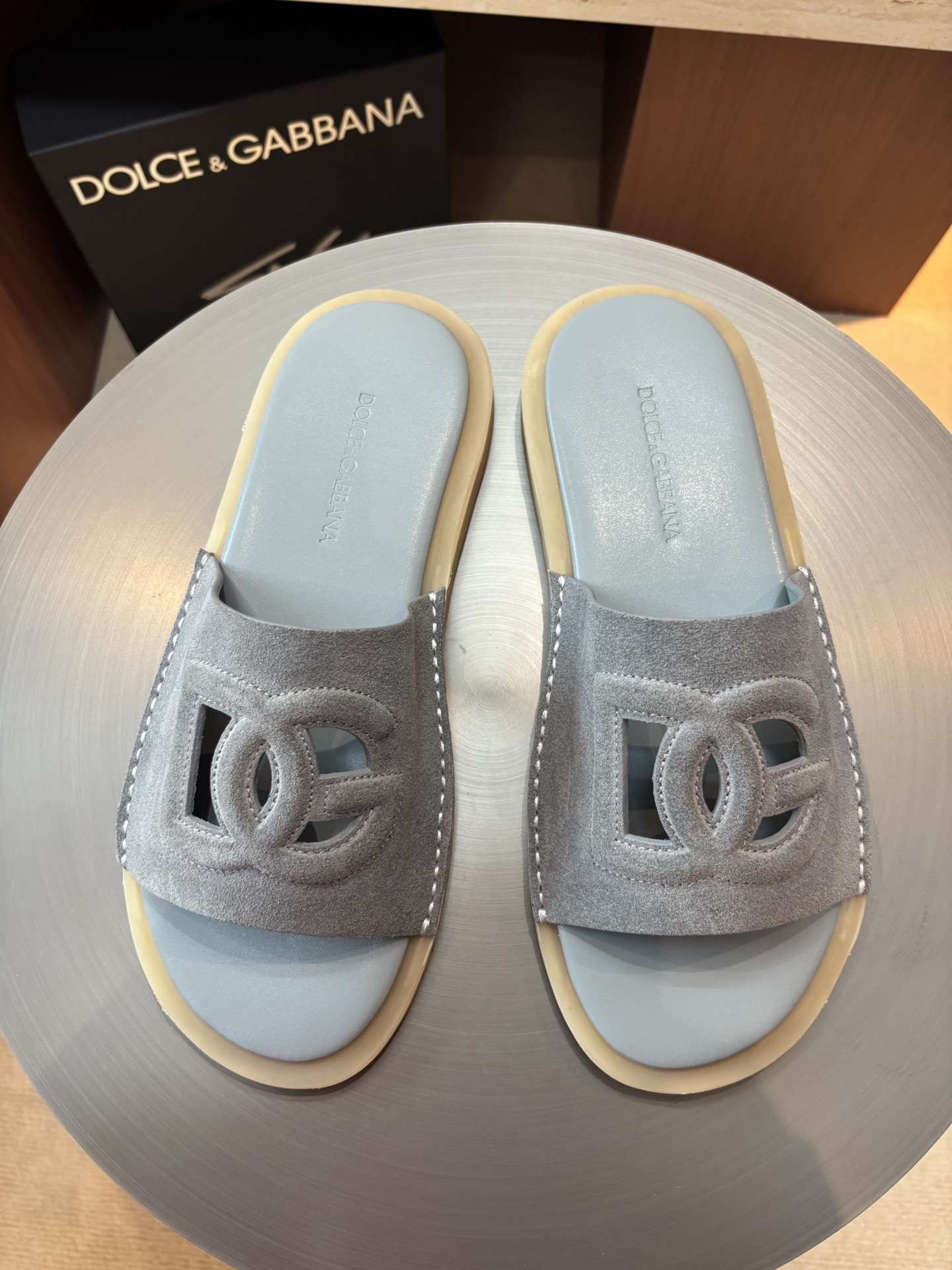 Dolce & Gabbana DG Logo Leather Men's Slides Sandals, Light Blue 3 i1746986582539 4604 0 1