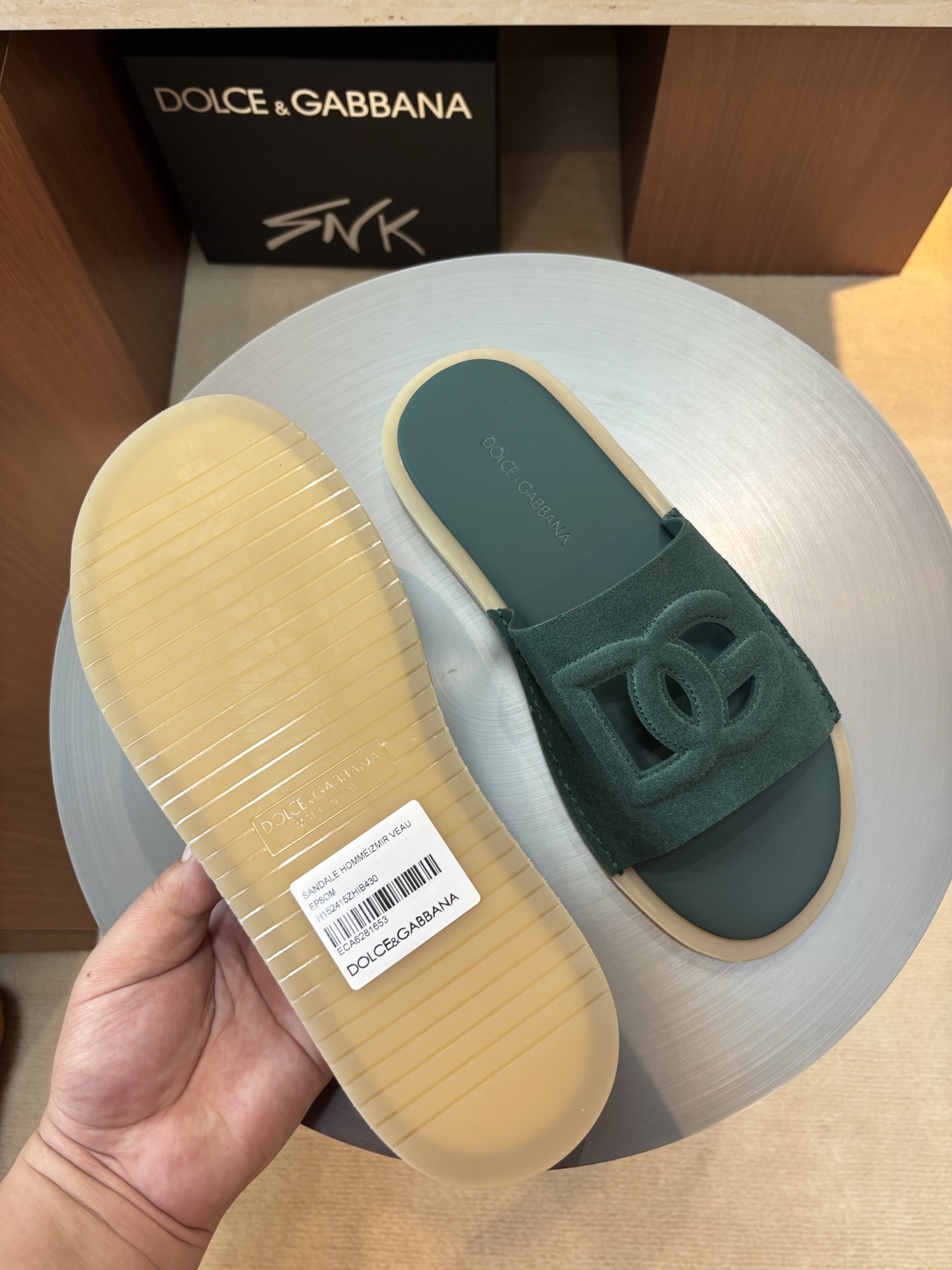 Dolce & Gabbana Men's DG Logo Leather Slides Sandals, Green, Size 39-44 5 i1746986640650 3639 0 3