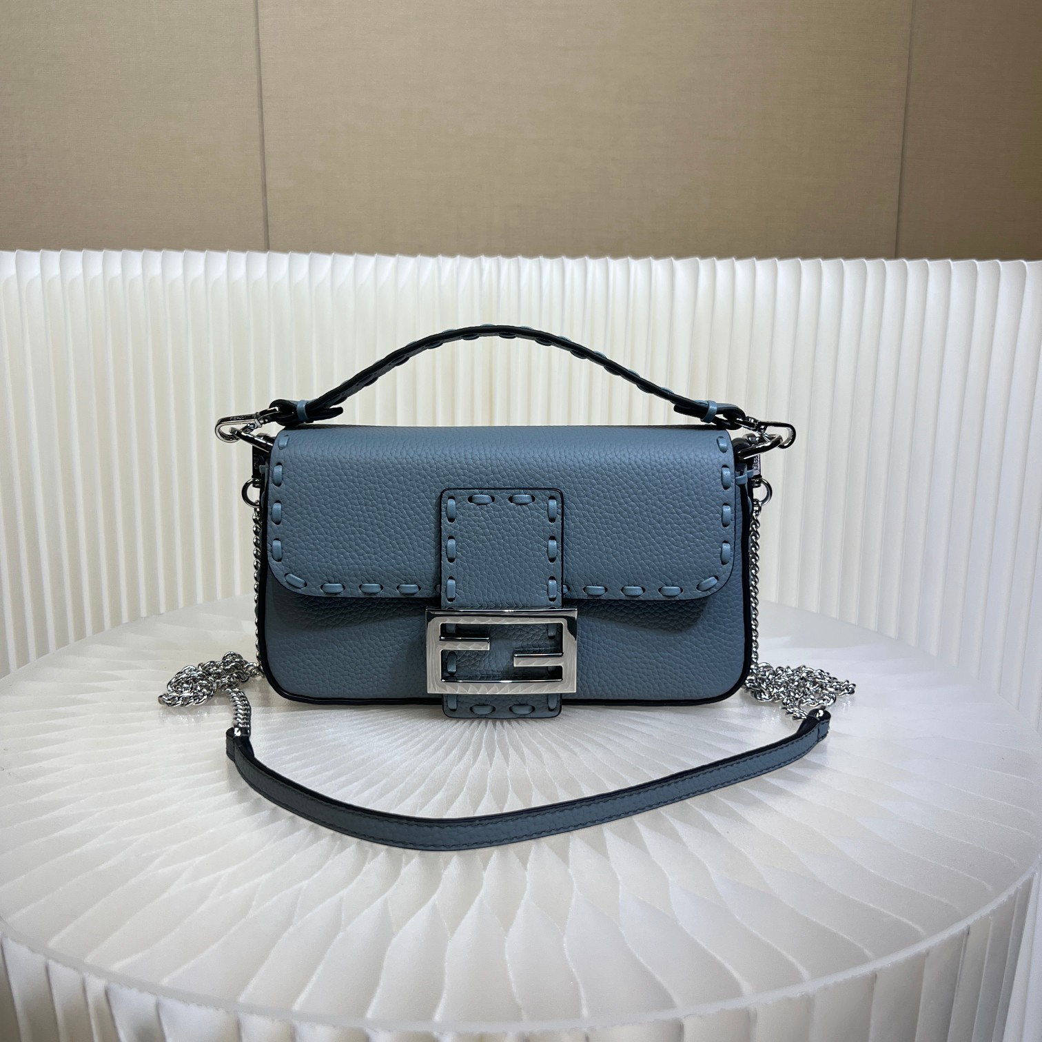 Fendi Baguette Mini Handbag in Blue Cuoio Romano Leather with FF Clasp 2 a1719556726621 0842
