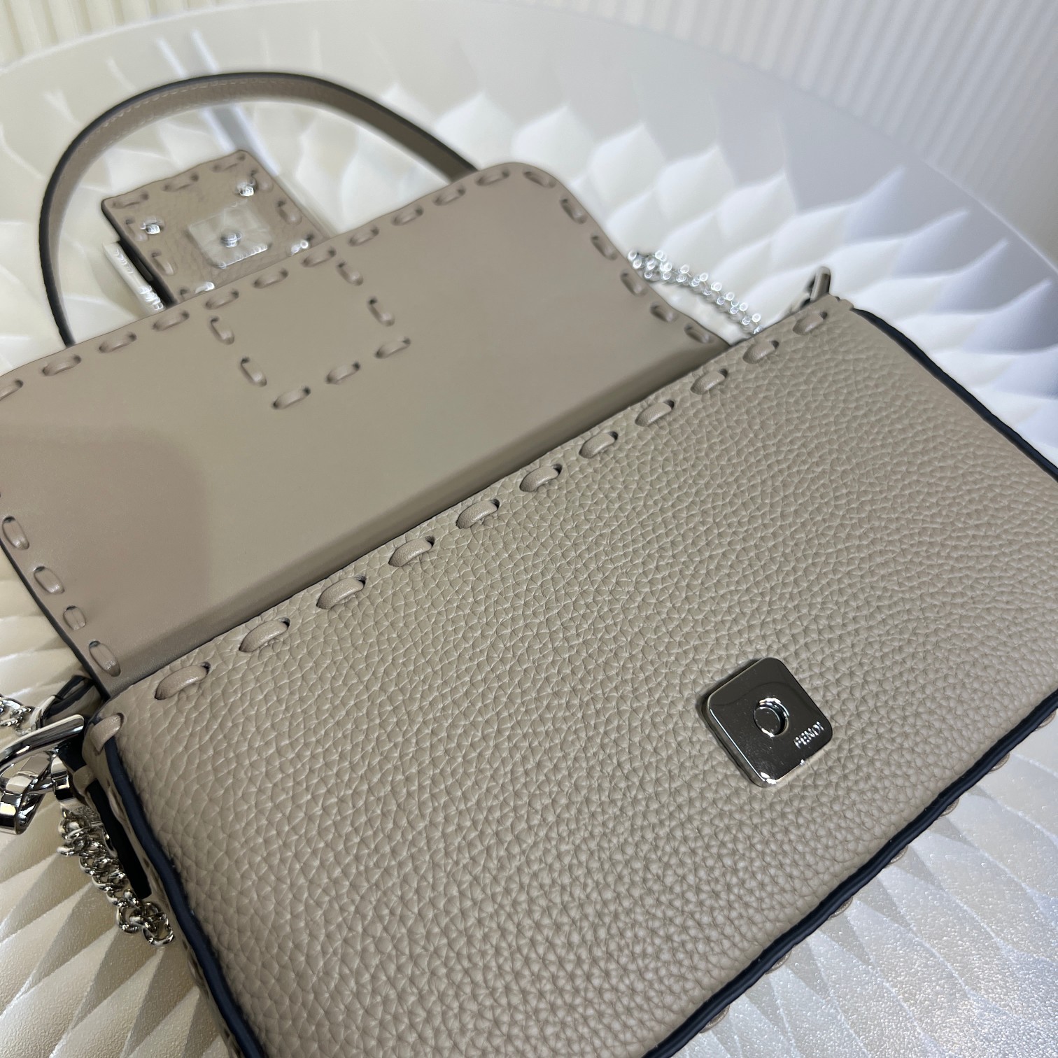 Fendi Baguette Mini Handbag in Gray Cuoio Romano Leather with FF Clasp 6 a1719557041444 0802