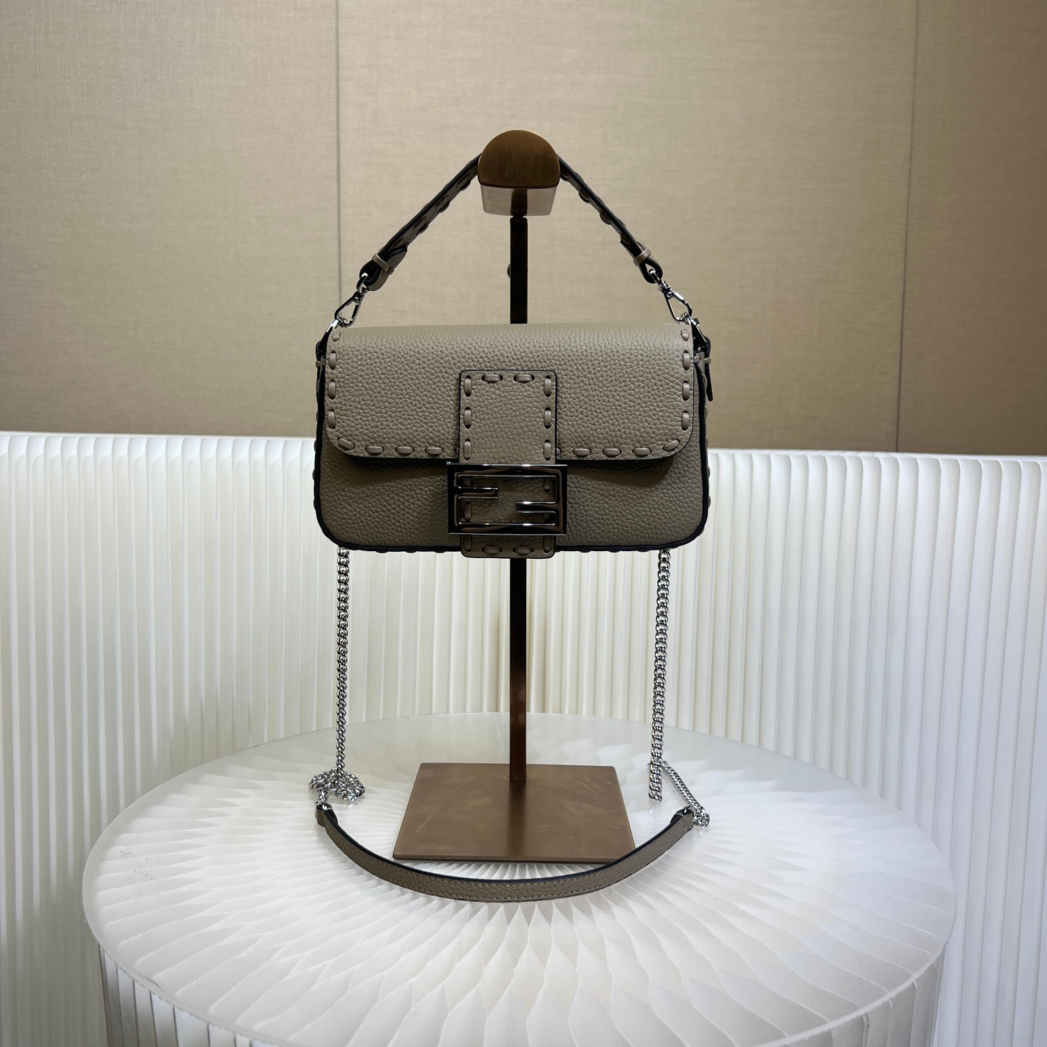 Fendi Baguette Mini Handbag in Gray Cuoio Romano Leather with FF Clasp 10 a1719557042368 0130