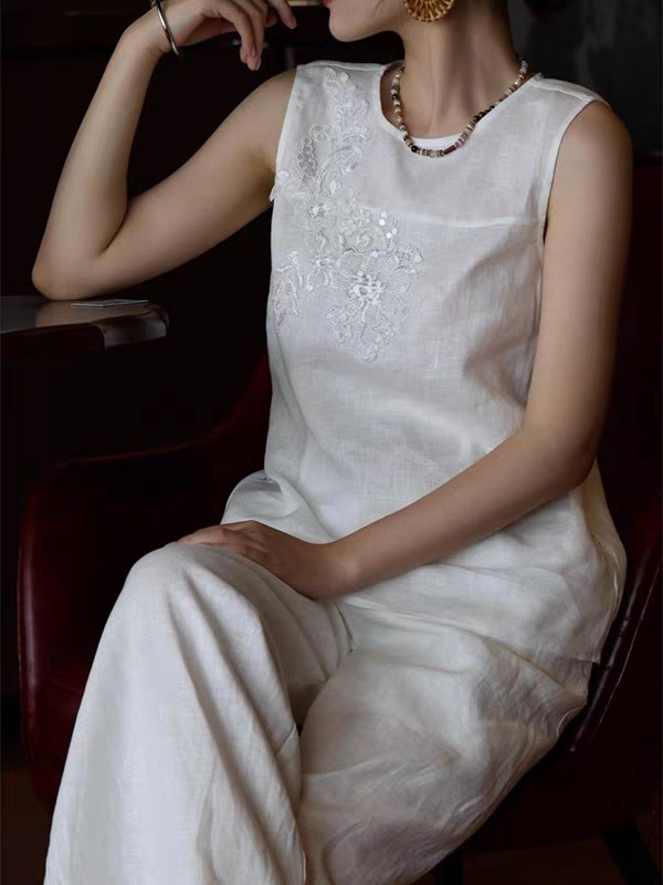 Linen Sleeveless Top & Wide Leg Pants Set - Elegant Beaded Embroidery 4 i1746172416716 897 0 2